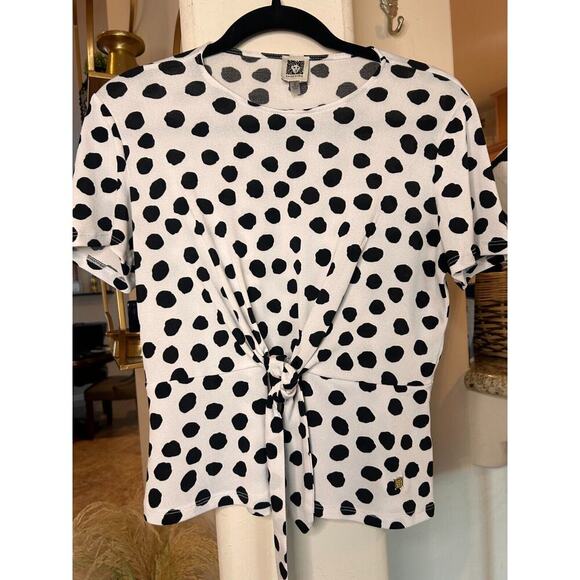 Anne Klein Polka Dot Tie Front Short Sleeve Blouse Small 4-8 - Picture 2 of 4